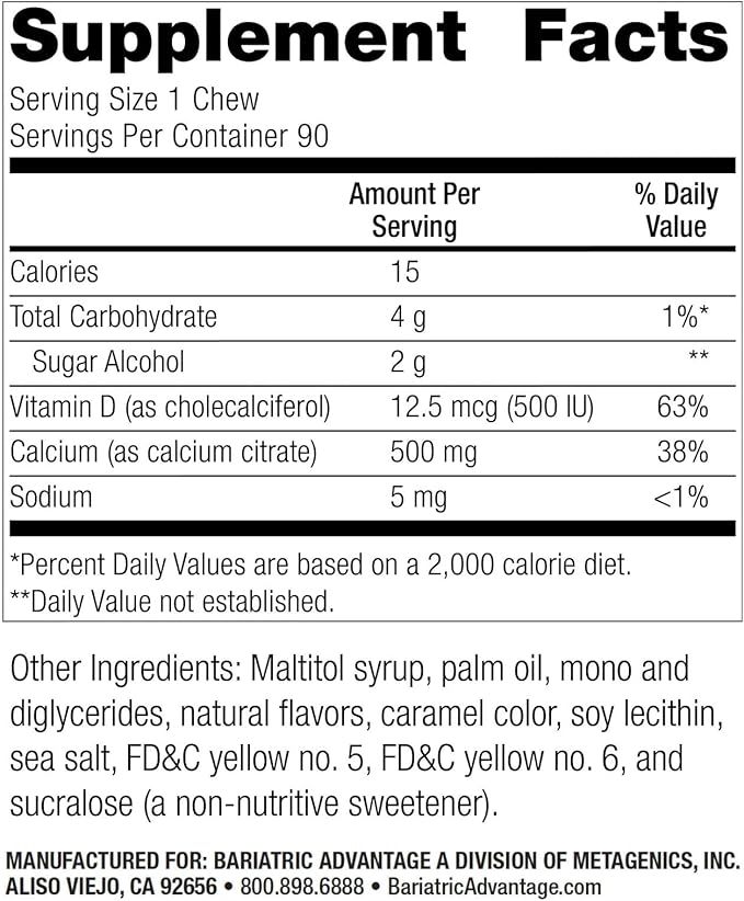 Bariatric Advantage Calcium Citrate Chewy Bites 500 mg - Highly Absorbable & Digestible - Vitamin D3 - Easily Chewable Calcium Supplement - Caramel Flavor - 90 Count