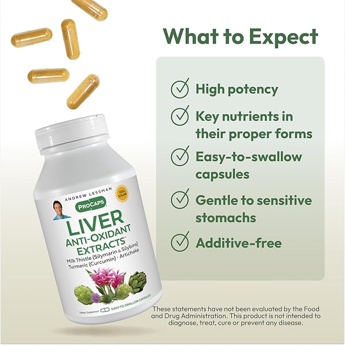 ANDREW LESSMAN Liver Anti-Oxidant Extracts 30 Capsules - Supports The Hard-Working Tissues of The Liver, Promotes Optimum Liver Health and Function. Milk Thistle, Turmeric and Artichoke Extracts