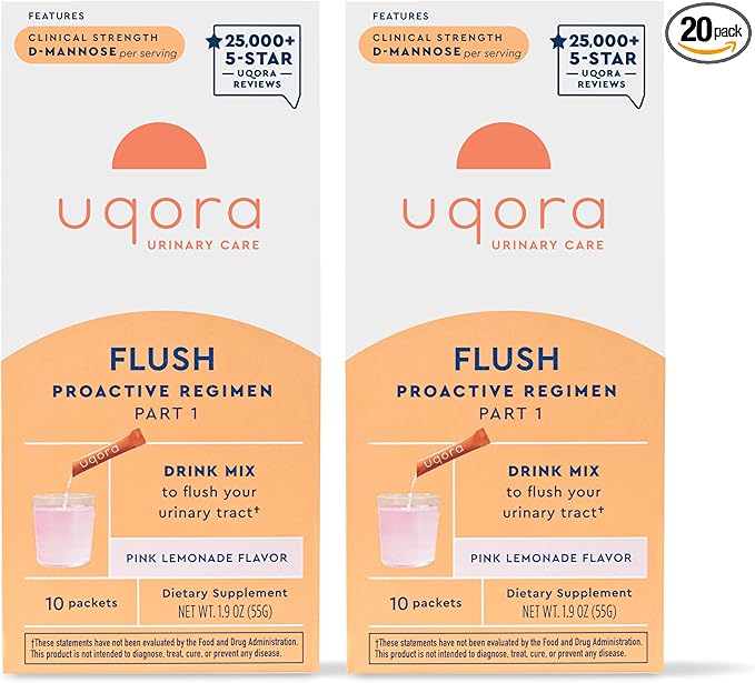 Uqora Flush - Urinary Tract* with D-Mannose, Vitamin C, Vitamin B6, Potassium, Magnesium & Calcium - Gluten-Free & Vegan - Pink Lemonade Flavor - 20 Packets (2 Pack)
