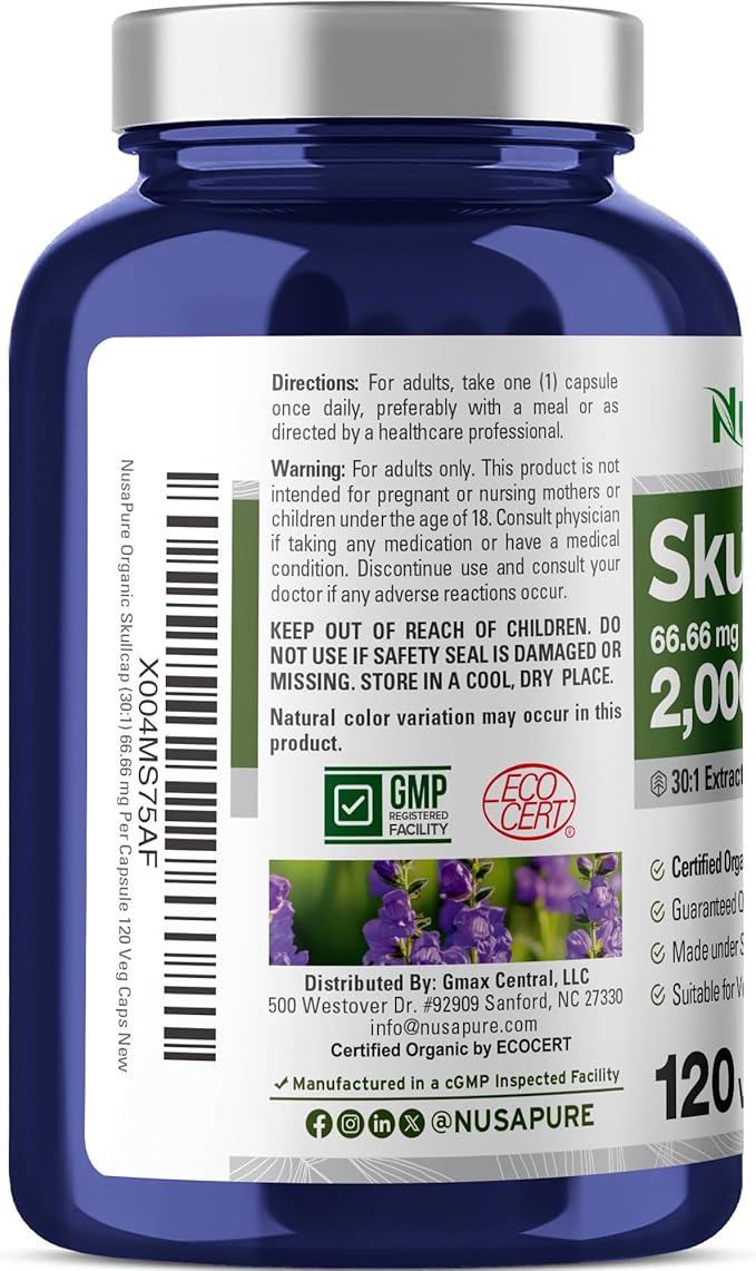 NusaPure Organic Skullcap Root 30:1 Extract, 66.66 mg Equivalent to 2,000mg Per Veggie Caps 120 Count (Non-GMO, Vegan)