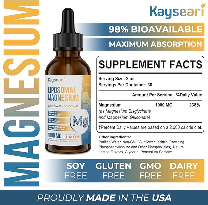High Strength Liposomal Magnesium Drops, Easily Absorbed Chelated Forms of Magnesium Bisglycinate and Magnesium Gluconate, Supports - Sleep Aid, Stress, Mood, Gut - 60ML Lemon Flavored Liquid Drops