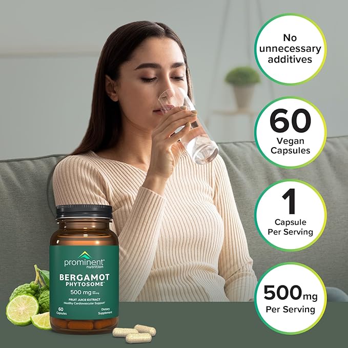 Prominent Nutrition Bergamot Phytosome, Clinically Researched Vazguard Citrus Bergamot Extract for Cholesterol and Heart Health Support, Enhanced-Absorption Supplement, 500 mg, 60 Capsules