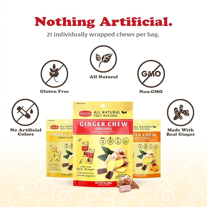 Pocas Ginger Chews, Variety Pack - Mango, Original, and Lemon Ginger Chews, Individually Wrapped Snacks, Ginger Candy Made with Pure Cane Sugar, 3 Oz Ea (3 Piece Set)