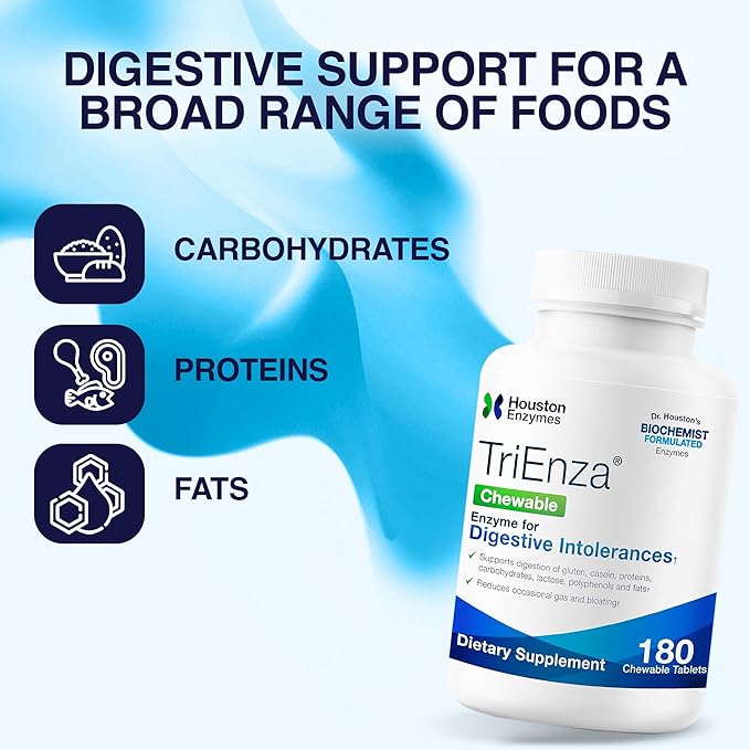 TriEnza - Digestive Enzyme Supplement for Gluten, Casein, Soy, Proteins, Carbohydrates, Fats & Polyphenols - Digestive Enzymes for Women & Men (180 Chewable Tablets)