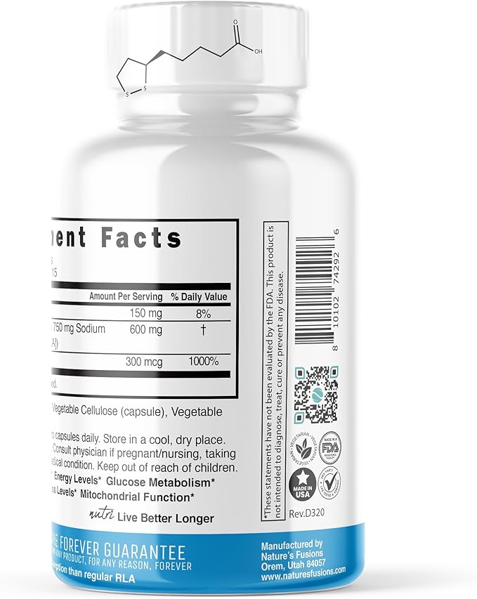 Nutri R Alpha Lipoic Acid 600mg Capsules - R Lipoic Acid Stabilized with Biotin - Active Form of R-ALA - 600 mg Clinical Dosage - Powerful Cellular Energy Support - 30 Vegan Capsules - RALA