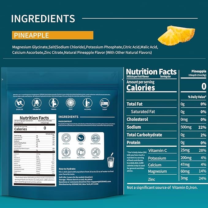 Electrolytes Powder Packets, Hydration Packets Sugar Free, Electrolyte Drink Mix Portable Electrolyte Packets for Rapid Hydration, Pineapple Flavor, 30 Sticks