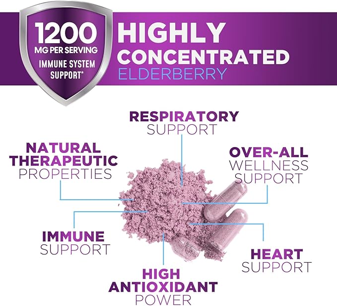 Elderberry Immune Support 1200mg Extract Capsules - Daily Immune Support for Adults with Concentrated Sambucus Black Elderberry Antioxidant - Gluten Free Vitamin, Non-GMO Supplement - 60 Capsules