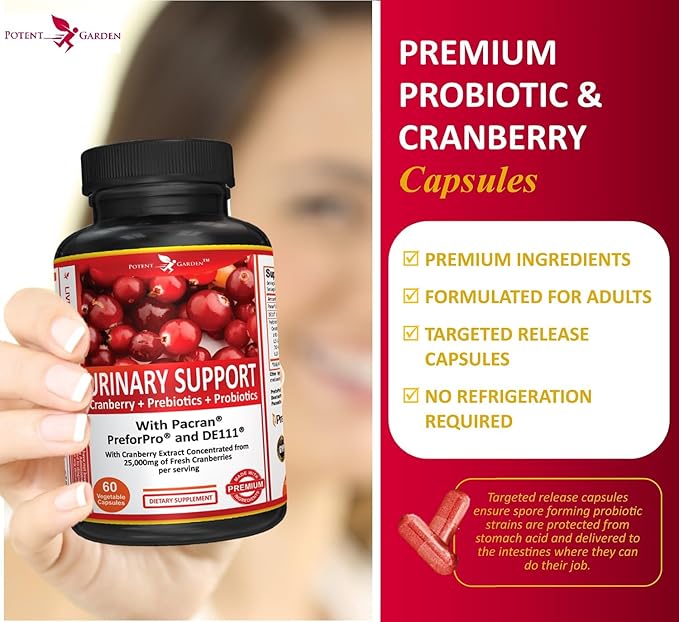 Potent Garden Urinary Support Womens Probiotic for Urinary Tract Health for Women, Cranberry Capsules with 5 Billion CFUs Cranberry Extract, Prebiotics and Probiotics for Women, 60 Caps, 30 Servings