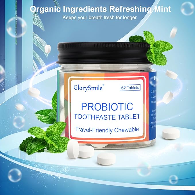 Toothpaste Tablets, Nano Hydroxyapatite with Probiotics, Fluoride & Plastic Free, Eco & Travel Friendly Size, Remineralizing Chewable Toothpaste Tabs - 62ct, Mint