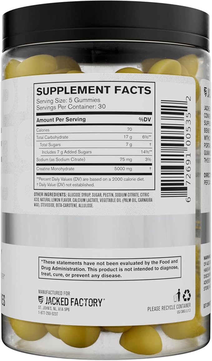 Jacked Factory Creatine Monohydrate Gummies 5g Daily Dose (1g per Gummy) - Creatine Gummy for Men and Women, Vegan-Friendly, Travel-Friendly, Third-Party Tested - 150 Gummies, Lemon