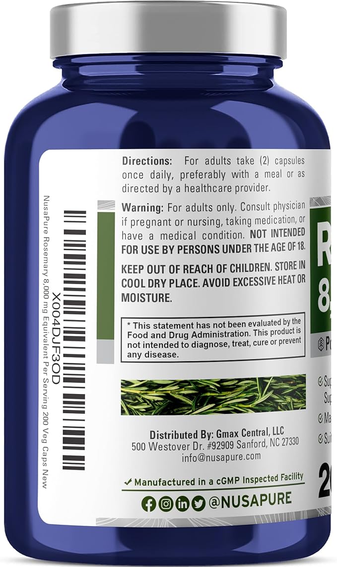 NusaPure Rosemary Capsules | 20:1 Extract, 400 mg Equivalent to 8,000mg | 200 Veggie Caps | Non-GMO