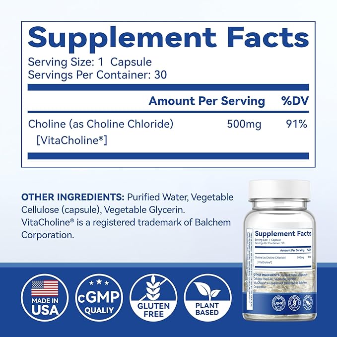 Prenatal Choline Supplements, Liquid Capsules for Focus, Memory, and Energy, 500mg Pure VitaCholine®, Supports Baby’s Cognitive Development in Pregnancy, 30 Day Supply, Made in the USA