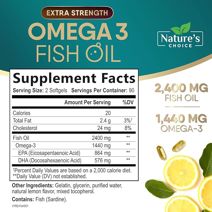 Omega 3 Fish Oil Supplement 2400 mg - Triple Strength EPA & DHA Fish Oil Omega 3, Essential Fatty Acids Supplement Softgels, Brain & Heart Health Support Supplements, Gluten Free Non-GMO, 180 Softgels