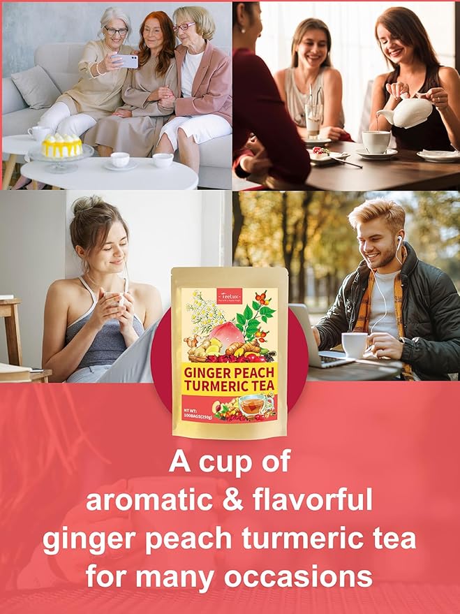 TeeLux Ginger Peach Turmeric Tea Bags, Warm Ginger with Tart Hibiscus & Soothing Chamomile, Tart & Sweet Flavor, Caffeine Free, 100 Count