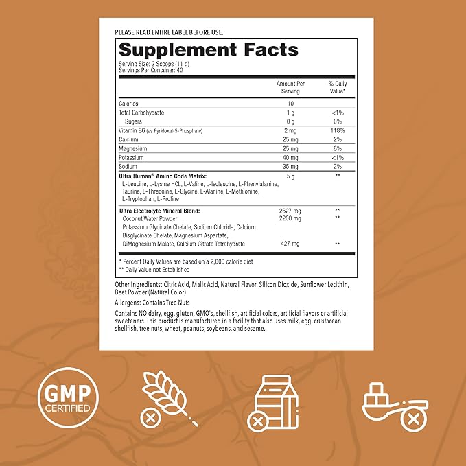 Ultra Human Amino Code | Essential Amino Acids + BCAAs + Coconut Water Electrolytes | Fast Hydration Workout Recovery Amino Energy Powder Drink | Clean Formula, 40 Servings - Raspberry Lemonade