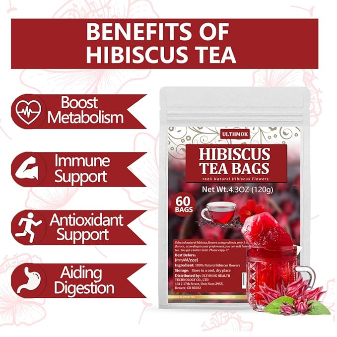 Premium Hibiscus Tea Bags,60 Tea Bags 2g /4.24 Oz,100% Pure Dried Hibiscus Flower,Natural & No Additives,Caffeine Free.