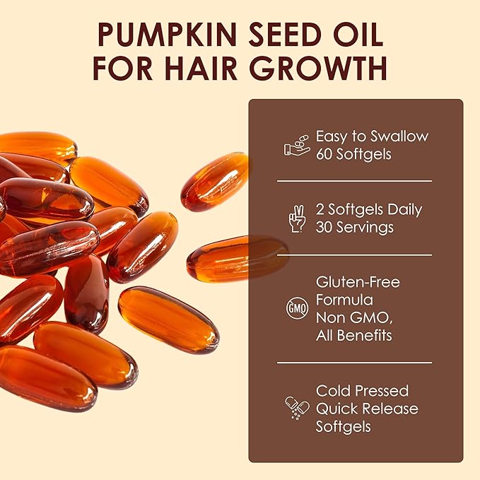 Pumpkin Seed Oil Capsules, 2 in 1 Pumpkin Seed Oil for Hair Growth, 2000mg Per Serving with Saw Palmetto, Cold Pressed, Supports Hair, Heart, Skin Herbal Supplement, Non-GMO, Gluten Free, 60 Softgels
