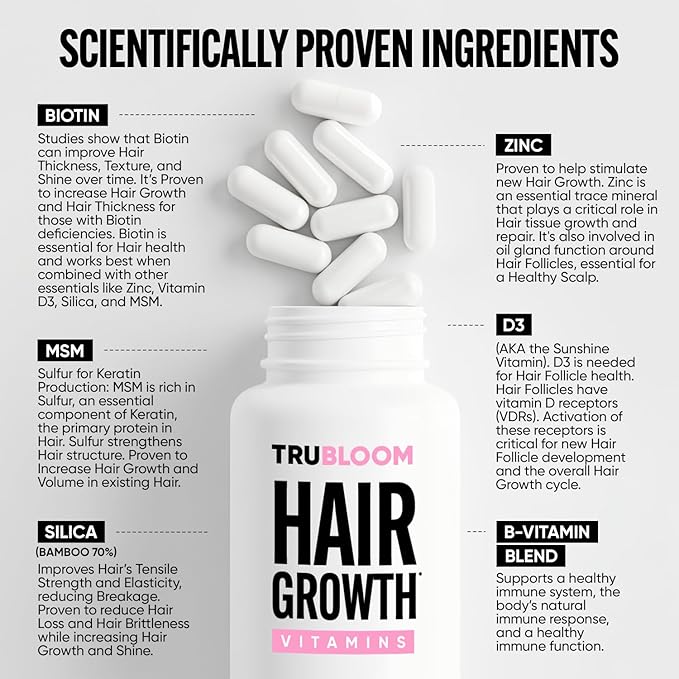 Tru Bloom Hair Growth Vitamins - 1 Month Supply. Clinically Proven to Grow Fuller, Thicker Hair. Natural & Drug-Free with Biotin, MSM, Zinc, D3 + Hair Superfoods. Non GMO