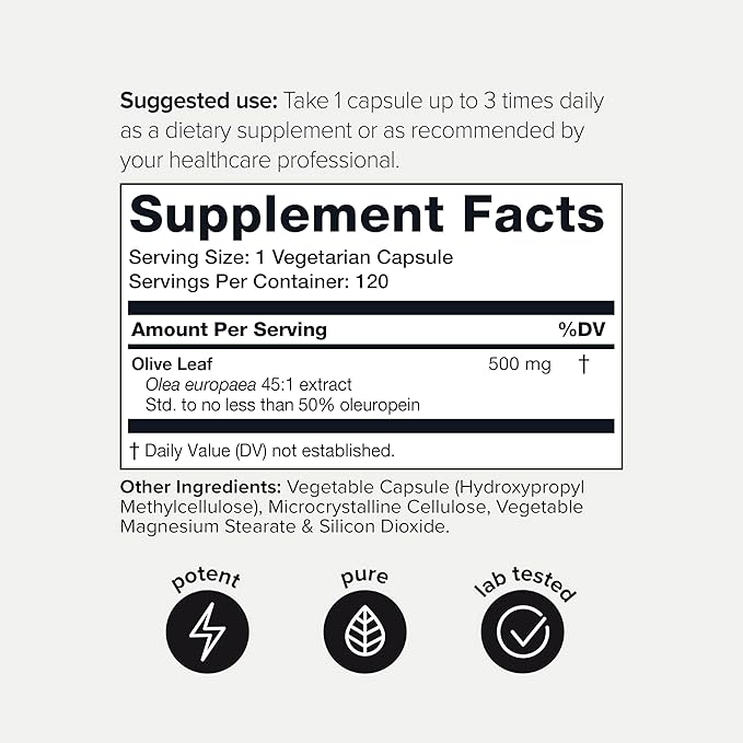 Olive Leaf Extract - Ultra High Potency 45:1 Extract with 50% Oleuropein - Highly Concentrated - Third-Party Lab Tested - 120 Capsules