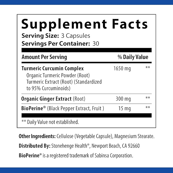 Stonehenge Health Dynamic Turmeric Curcumin with Ginger - High Potency - 1,650 mg Turmeric with 95% Curcuminoids & BioPerine, 90 Vegetarian Capsules