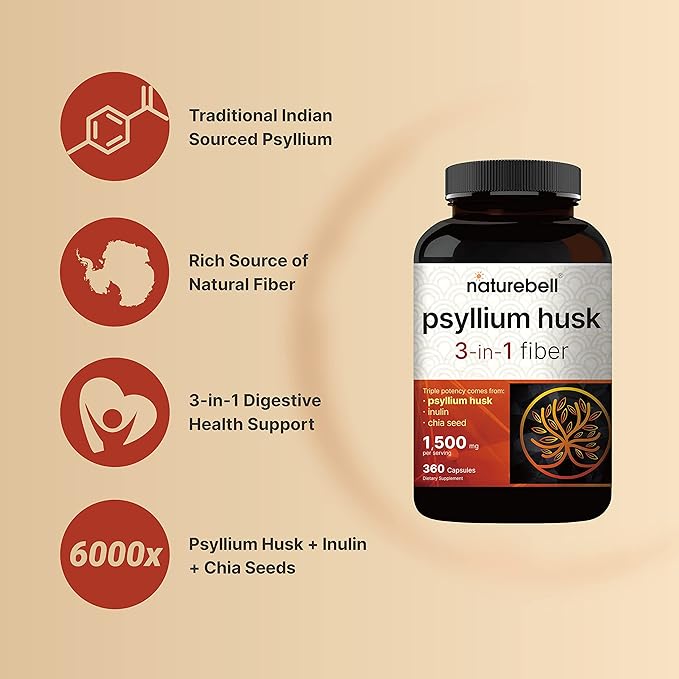 NatureBell Psyllium Husk Fiber Supplement, 1,500mg Per Serving, 360 Capsules | with Inulin & Chia Seed | Organic Soluble Fiber for Digestive & Gut Health | Plant-Based, Non-GMO, Gluten-Free