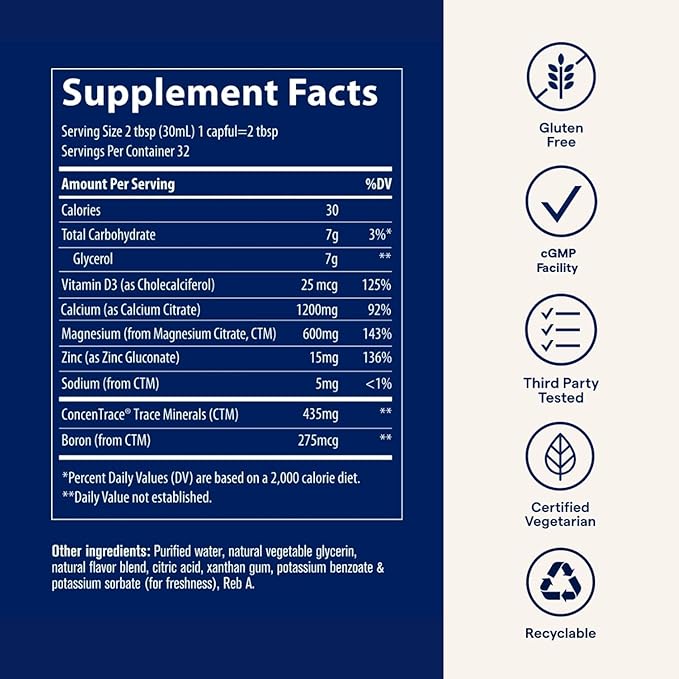 Trace Minerals | Liquid Cal/Mag/Zinc | Calcium, Magnesium, Zinc, Vitamin D3 Supplement | Supports Normal Tissue, Muscle, and Bone Density | Natural Strawberry Flavor | 32 Servings, 32 fl oz.