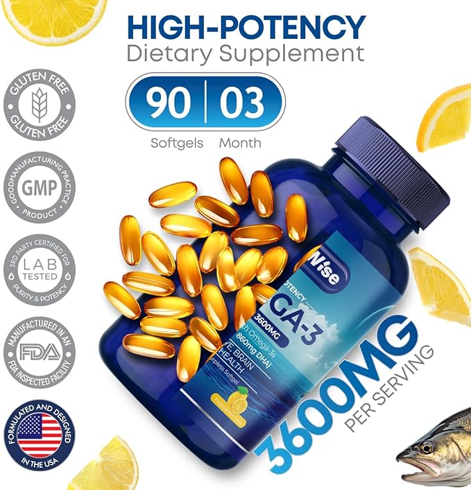 Triple Strength Omega 3 Fish Oil 3600mg β 1300mg EPA & 860mg DHA- Once Daily β Burpless Lemon Flavor, β Supports Heart, Brain, Joint & Eye Health β Wild Caught, Non-GMO, 90 Softgels, 3-Month Supply