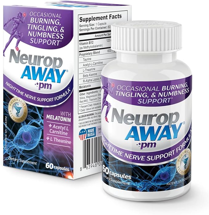 NeuropAWAY Nerve Support PM, with R-Alpha Lipoic Acid to Help Provide Nerve Relief in as Little as 5 Days, Acetyl-L-Carnitine, Theanine, Melatonin, and Methylcobalamin, 60 Capsules