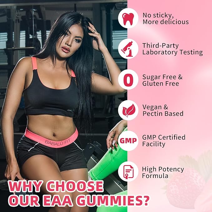 Pack of 2 EAA Gummies Essential Amino Acids - All 9 Essential Aminos (EAA) and All Branched-Chain Aminos (BCAAs) for Muscle Recovery, Energy Support, Strawberry Flavor, 120 Count