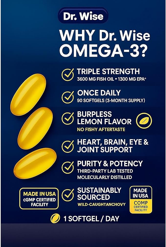 Triple Strength Omega 3 Fish Oil 3600mg β 1300mg EPA & 860mg DHA- Once Daily β Burpless Lemon Flavor, β Supports Heart, Brain, Joint & Eye Health β Wild Caught, Non-GMO, 90 Softgels, 3-Month Supply