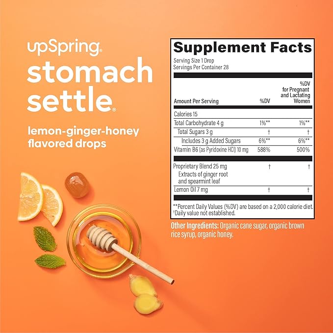 UpSpring Stomach Settle Drops for Occasional Nausea Relief and Morning Sickness with Ginger, Lemon, Spearmint, and B6. Individually Wrapped Drops, 55 Ct(Packaging May Vary)