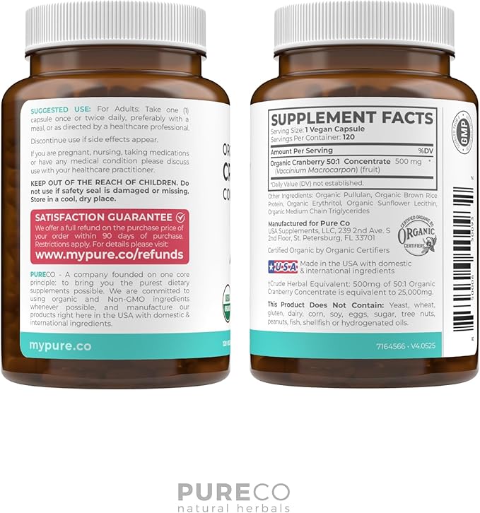 Organic Cranberry Extract Capsules - Super 50X Potency Cranberry Pills for Women to Support Urinary Tract Bladder and Kidney - Vegan Non-GMO USDA Organic & North American Sourced (4 Month Supply)