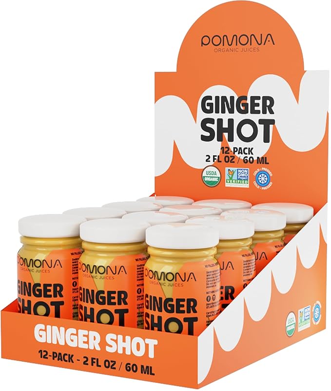 Pomona Organic Juices Ginger Shot (Pack of 12), Kosher, Non GMO, Cold-Pressed, 2 oz Glass Bottles