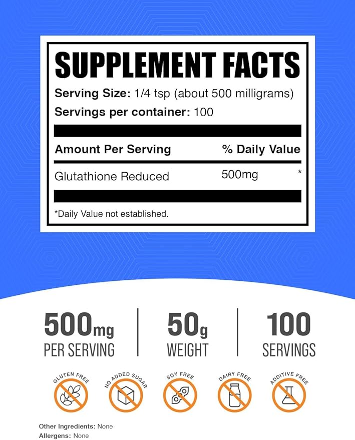 BulkSupplements.com Glutathione Reduced Powder - Glutathione Supplement, Reduced Glutathione Powder - Glutathione 500mg, Gluten Free, 500mg per Serving, 50g (1.8 oz) (Pack of 1)