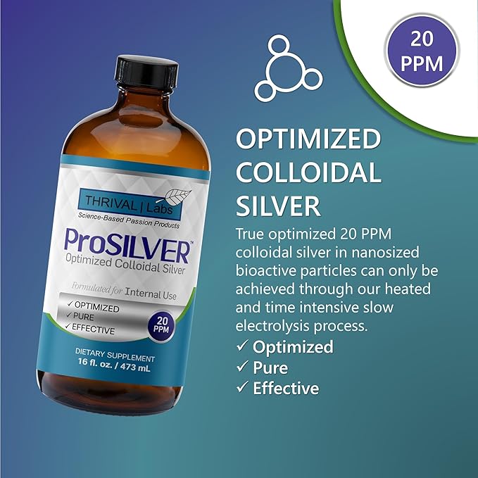ProSILVER Blue Label 20 PPM True Colloidal Silver Liquid (16oz), Optimized Bio-Active Nano-Sized Liquid Silver for Immune Support, Dark Glass Bottle - Thrival Labs (Plata coloidal)