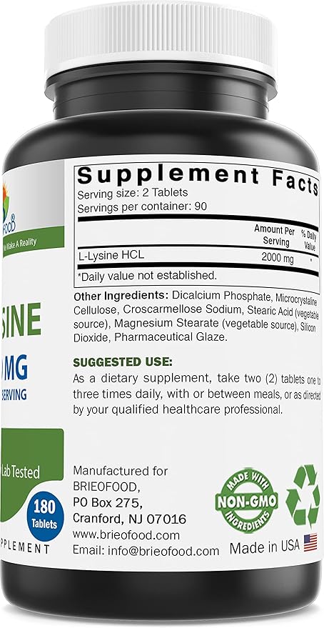 Brieofood L-Lysine 2000mg per Serving - 180 Vegetarian Tablets - Lysine for Cats & Immune Health