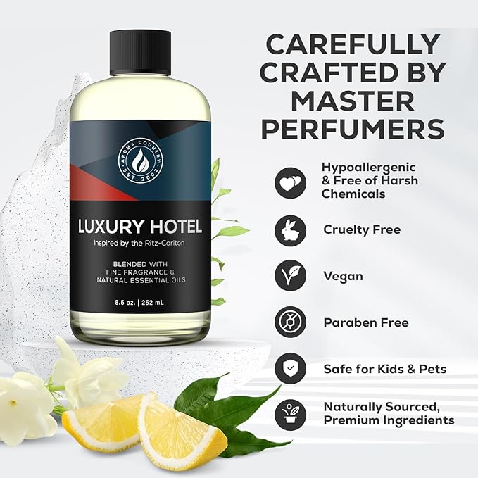 Aroma Country Luxury Hotel Diffuser Oil - Ritz Carlton Scent Oil for Diffuser & Air Fresheners for Home - Essential Oil Diffuser Refill, Home Fragrance Collection with Gardenia & Amber (8.5 Fl. Oz)