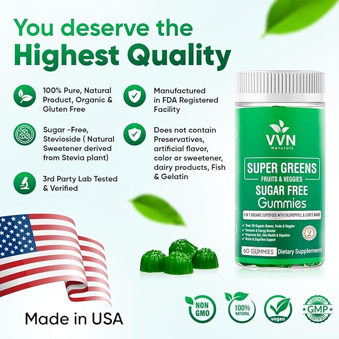 Sugar-Free Real Organic Fruits, Super Greens and Veggies Gummies | 35+ Nutritious & Healthy Greens, Fruits, and Vegetables for Improved Immunity, Skin Health & Energy Boost|60 Vegan Gummies