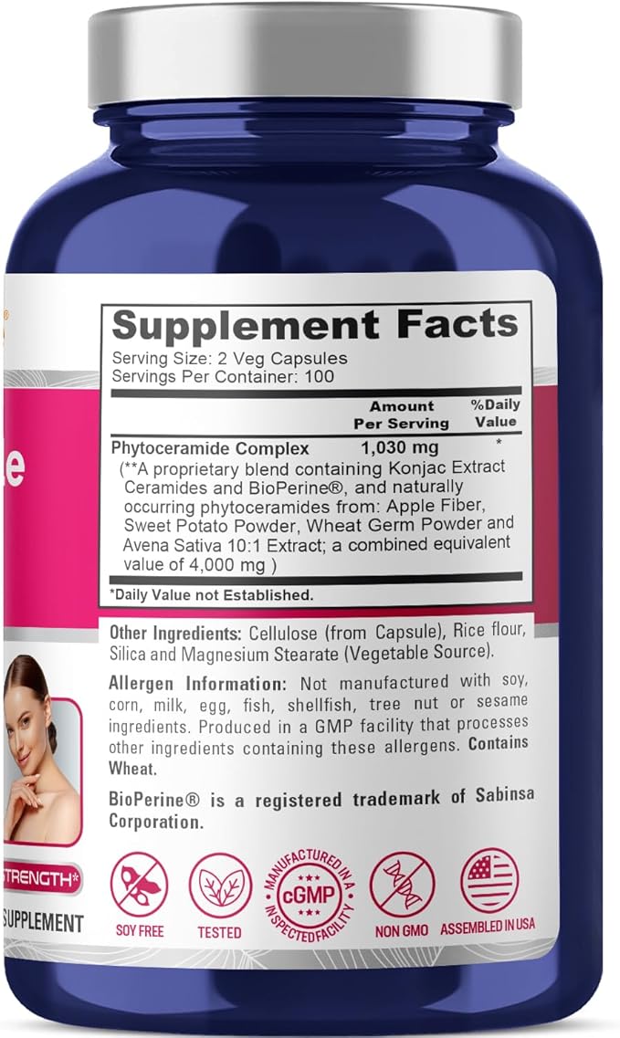 NusaPure Phytoceramide Complex 10:1 Extract, 1030 mg Equivalent to 4000 mg 200 Veggie Capsules (Non-GMO) Bioperine
