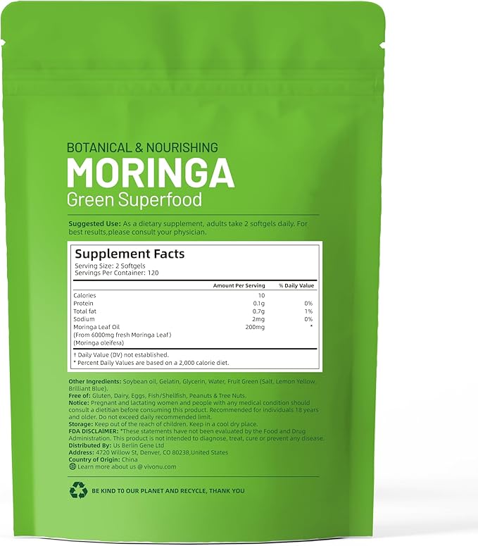 Moringa Capsules | Pure Moringa Leaf Extracts, Energy, Skin & Gut Health Superfood, Rich in Antioxidants, Essential Vitamins & Amino Acids, Natural Green Superfood Supplement