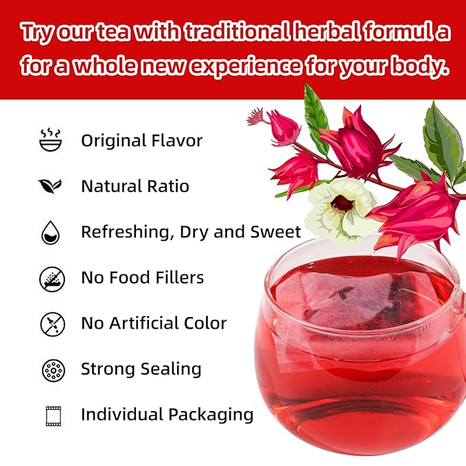 Premium Hibiscus Tea Bags, 60 Count, 100% Pure & Natural Dried Hibiscus Flowers - No Sugar, Caffeine-Free, Gluten-Free, Vegan. Tart & Refreshing, Ideal for Hot or Iced Tea, Rich in Natural Goodness