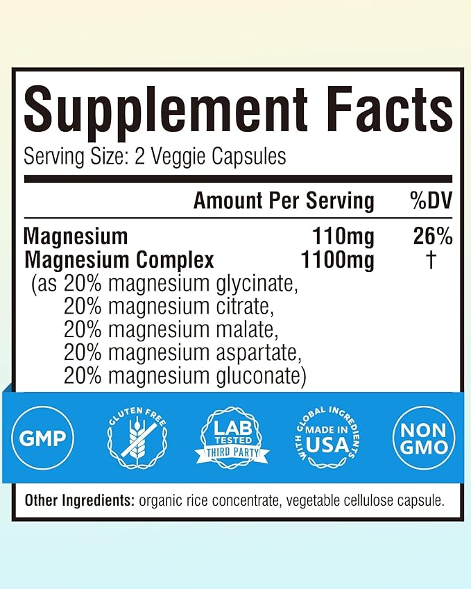 Terranics 5 in 1 Magnesium Complex Supplement 1000mg - 5 Forms High Absorption Magnesium Glycinate Citrate Malate Aspartate Gluconate for Sleep Heart Health - Non-GMO 240 Vegan Capsules