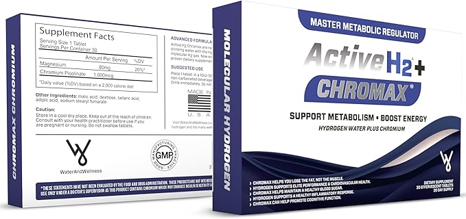 Active H2+ Chromax – Hydrogen Water Tablets with Chromium – Supports Metabolism and Energy – Molecular Hydrogen and Chromium Supplement – 30 Tablets