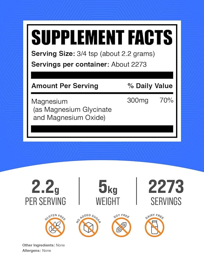 BulkSupplements.com Magnesium Glycinate Powder - Magnesium Glycinate 400mg, Highly Absorbable - Gluten Free, 2.2g per Serving, 1kg (Pack of 5) (11 lbs)