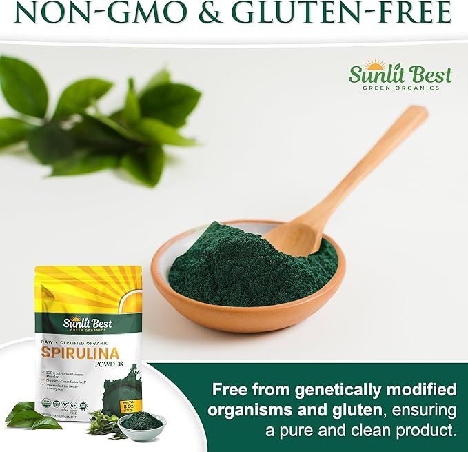 Sunlit Best USDA Organic Spirulina Powder - Blue-Green Algae, Raw & Vegan Source of Protein & Chlorophyll | Non-GMO & Gluten-Free Superfood Energy Drink | Immune Support Supplement, 8 oz - 3 Pack