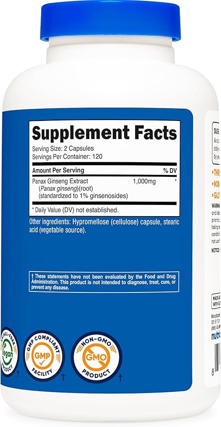 Nutricost Panax Ginseng 1000mg, 240 Capsules - Non GMO, Gluten Free, 120 Servings