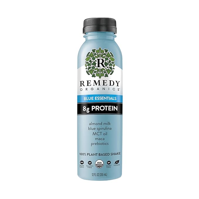 Remedy Organics Blue Essentials 12-Pack | Plant Based Protein Shakes, Ready to Drink | USDA Organic, Gluten Free, Dairy Free, Soy Free