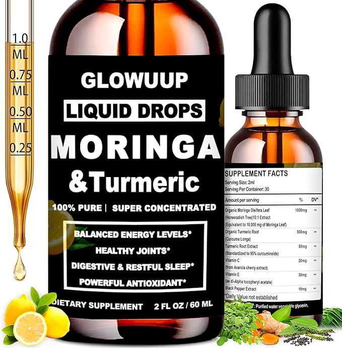 Organic Moringa Liquid Drops, Pure Moringa Leaves w. Turmeric Black Pepper Vitamin C E - Antioxidant, Joint, Digestive & Immune for Men & Women, 6X Absorption Than Capsules Powder Gummies or Pills