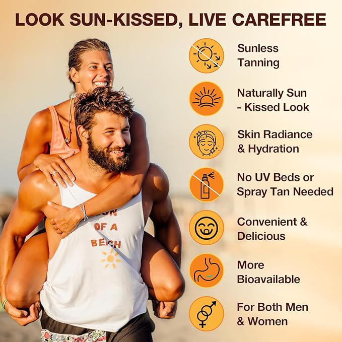 Tanning Gummies with Astaxanthin for Women and Men | Sunless Tanning Supplement with Beta Carotene, Lycopene, Collagen & Vitamins | Skin Radiance & Hydration | Vegan & Sugar Free - 60 Count