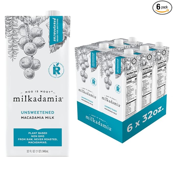 milkadamia Macadamia Milk - Unsweetened - 32 Fl Oz (Pack of 6) - Lactose Free, Vegan, Shelf Stable, Plant Based, Non Dairy, Dairy Free